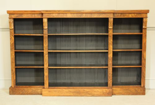 A Large Victorian Breakfront Burr Walnut Open Bookcase.