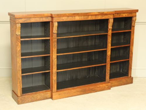 fig 1. A large Victorian breakfront burr walnut open bookcase.