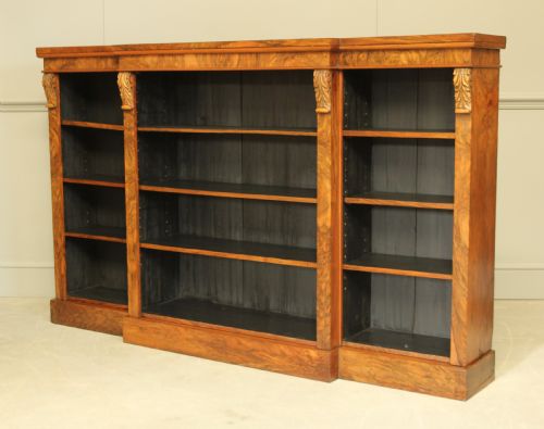 fig 2. A large Victorian breakfront burr walnut open bookcase.