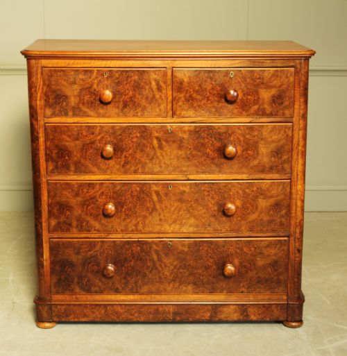 fig 1. A VICTORIAN BURR WALNUT CHEST OF DRAWERS.