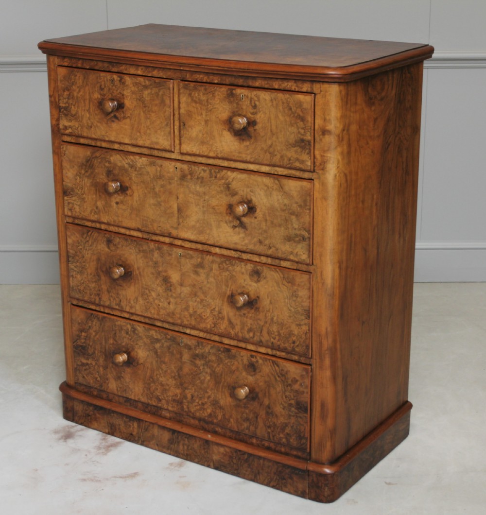 A Victorian burr walnut chest of drawers. View VI