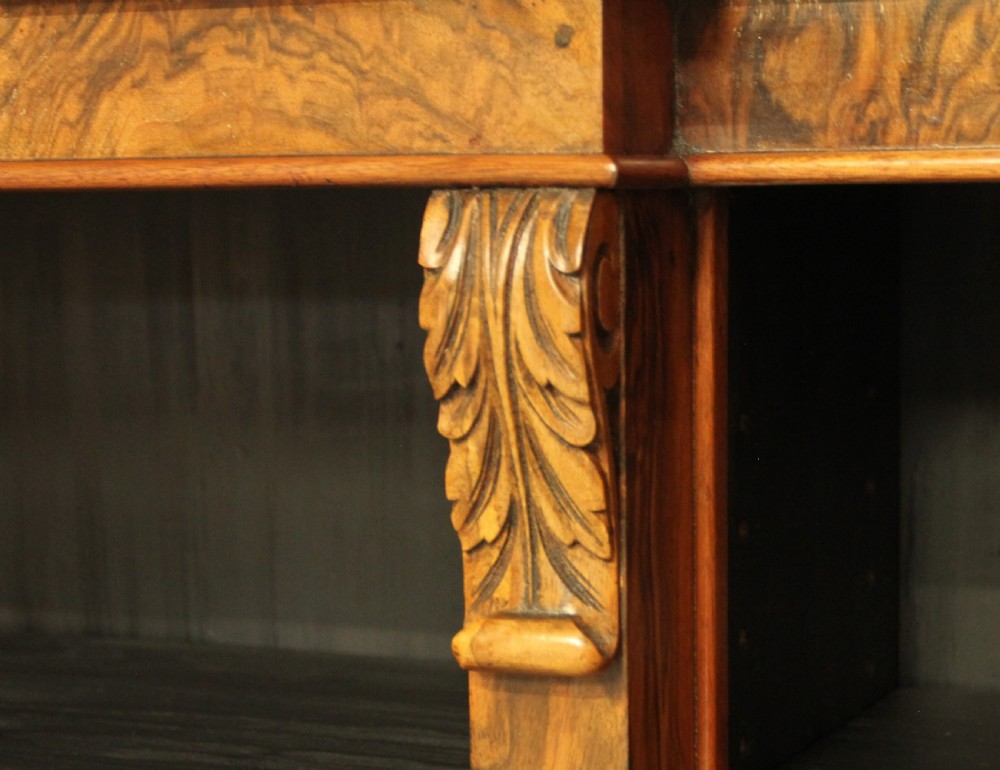 A large Victorian breakfront burr walnut open bookcase.  View IX