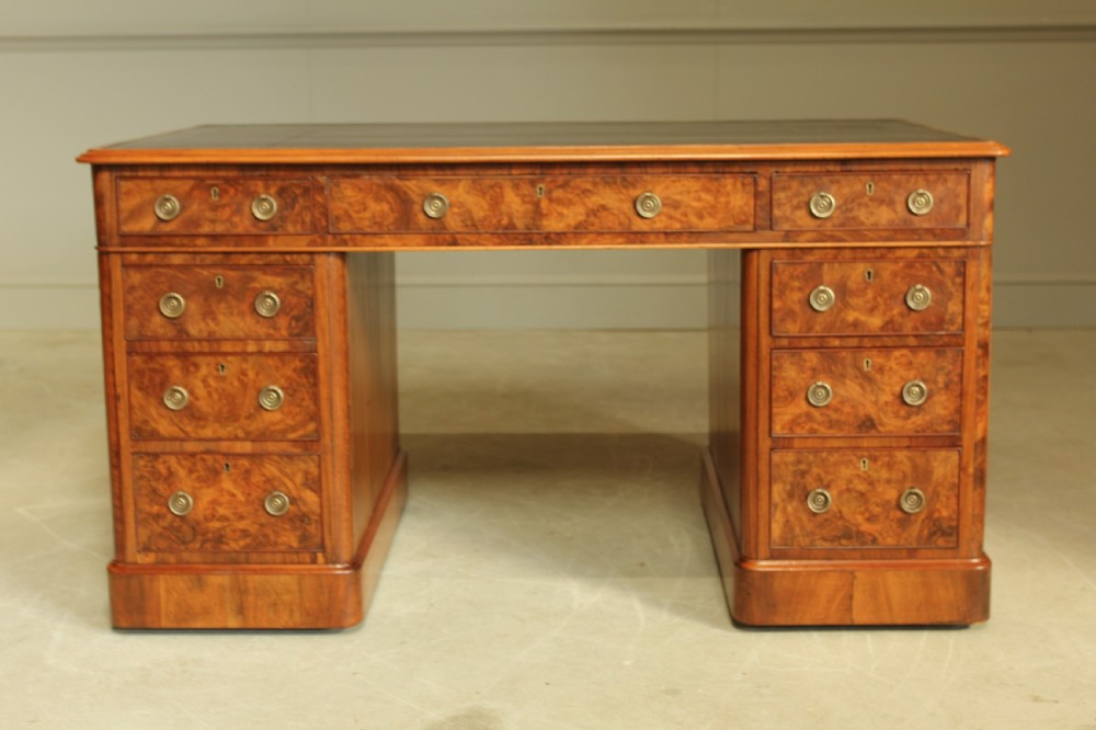 A VICTORIAN BURR WALNUT TWIN PEDESTAL DESK. View II