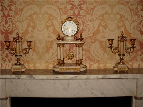 Victorian French Marble & Ormolu Portico Mantle Clock Garniture