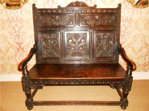 Victorian Jacobean Style Oak Settle / Bench