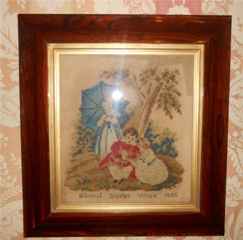 Early Victorian Woolwork Embroidery in Rosewood Frame Harriet Davies 1845
