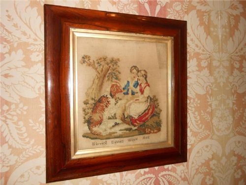 Early Victorian Woolwork Embroidery in Rosewood Frame