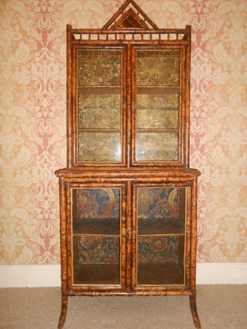 Victorian Aesthetic Glazed Chinese Lacquer Bamboo Cabinet / Bookcase