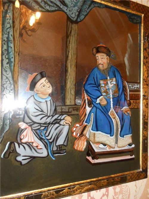 Chinese Reverse Painting on Glass Emperor and Attendant