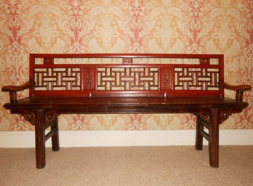 Chinese Red Lacquered Elm Bench, C.1890