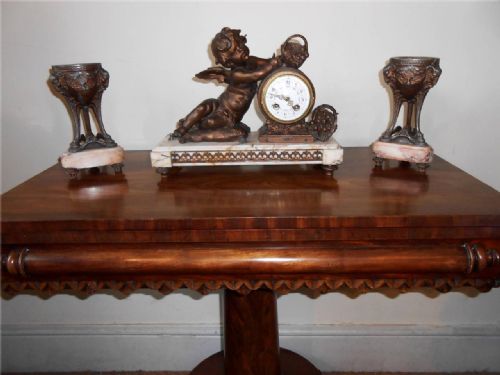 Victorian French Marble & Spelter Cherub Mantle Clock Garniture