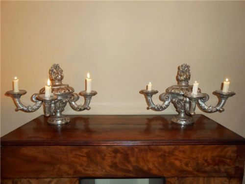 Substantial Pair of French Victorian Silver Gilt Carved Wood Candelabra