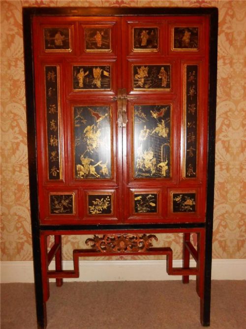 Antique Chinese Red Lacquered, Gilt Cabinet C.1900