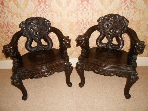 Pair of 19th Century Chinese Dragon Carved Armchairs