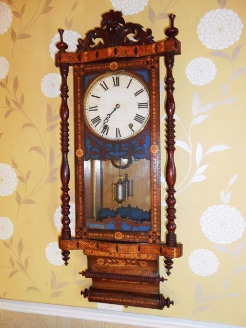 Victorian Parquetry Inlaid Walnut & Mahogany Striking Wall Clock