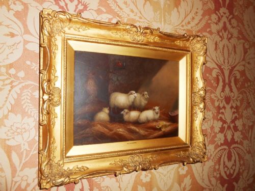 Sheep at Rest in a Stable, Albert Jackson of Leeds, 19th C Oil on Board