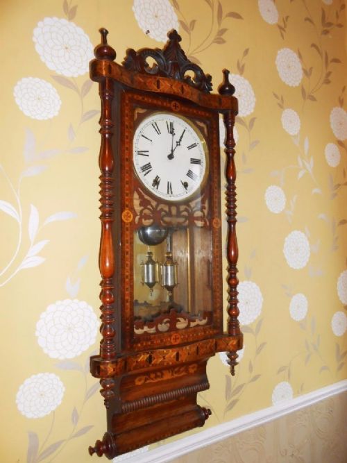 Victorian Parquetry Inlaid Walnut & Mahogany Striking Wall Clock