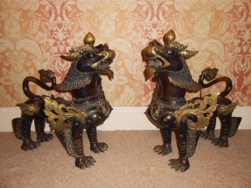 Large Pair 19th Century Bronze Tibetan Fo Dogs