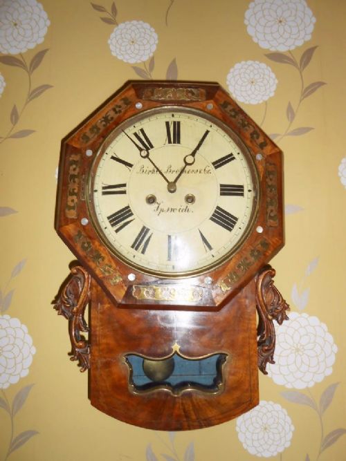 Early Victorian Walnut & Mahogany Double Fusee Wall Clock Ipswich