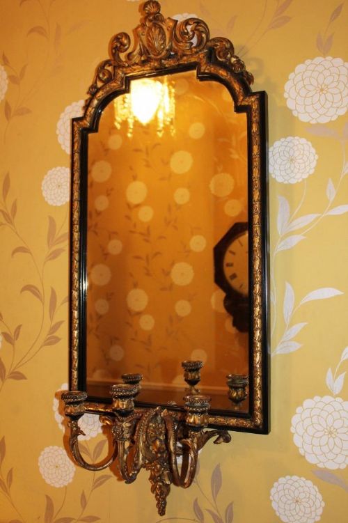 Victorian Gilded & Ebonised Girandole Pier Glass Mirror with Triple Candelabra