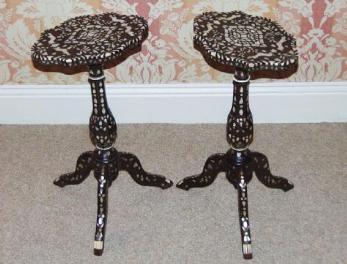 Pair of 19th Century Damascus Mother of Pearl Inlaid Tripod Tables