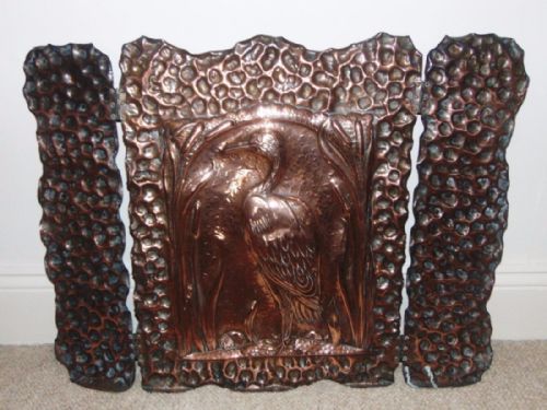 Beautiful Arts and Crafts Beaten Copper Heron Firescreen