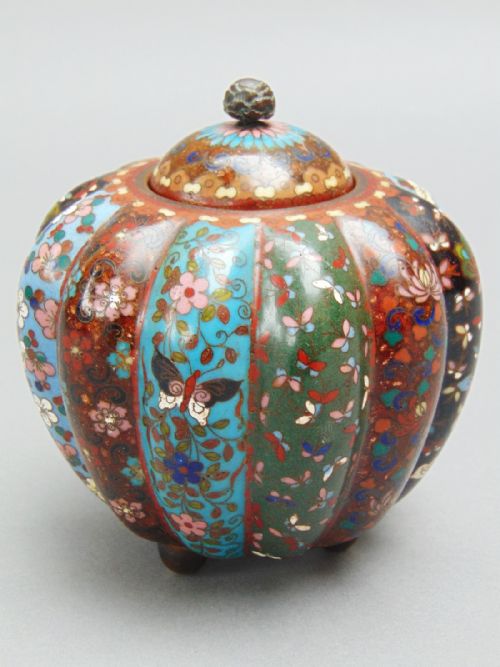 Japanese Cloisonne Pumpkin Shaped Lidded Vase Meiji Period