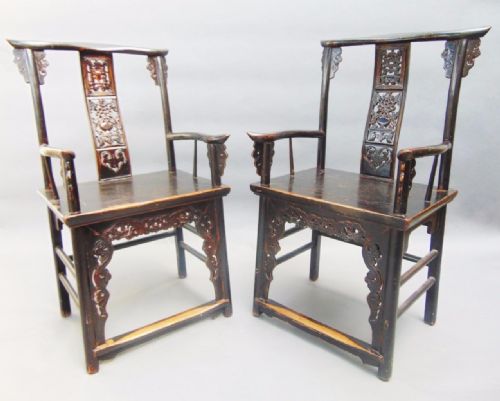Good Pair of 19th Century Chinese Lacquer Elm Armchairs