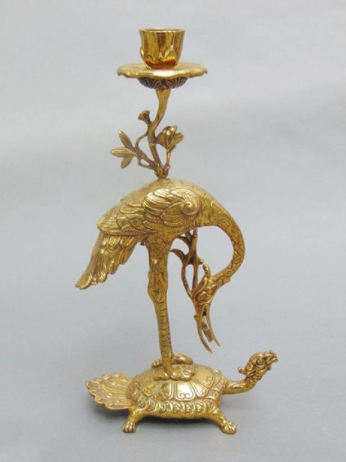 Japanese Crane Candlestick Meiji Polished Bronze