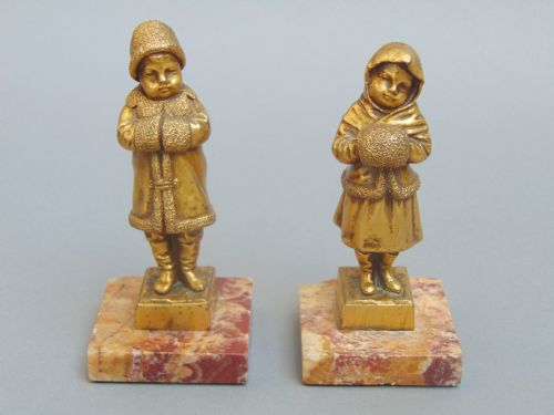 Charming Pair of Victorian Gilt Bronze Figures / Statues of Russian Children