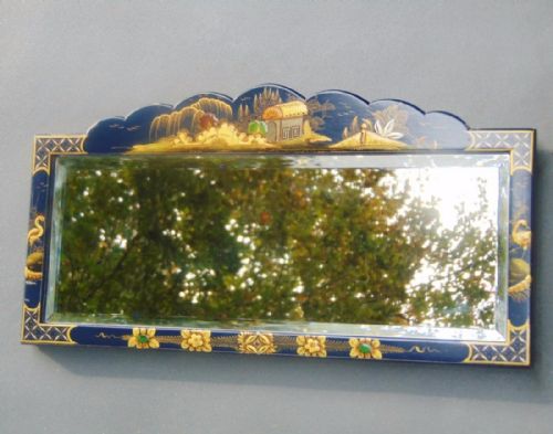 Pretty Blue Chinese Chinoiserie Lacquer Framed Mirror