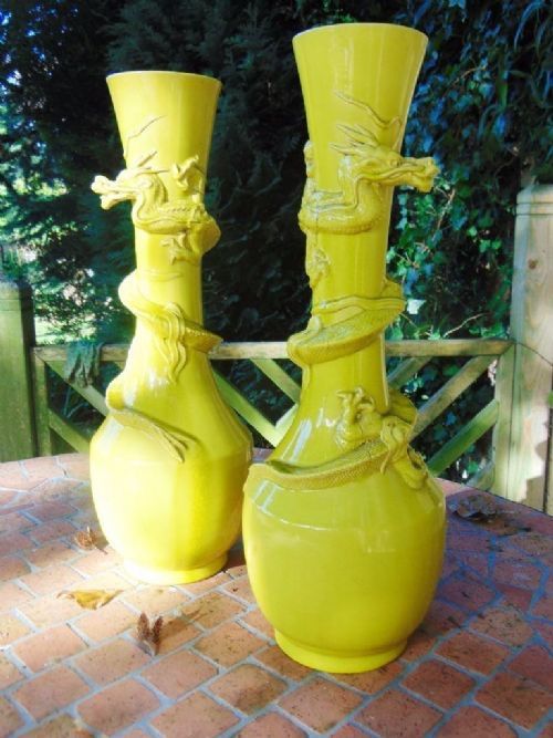 Pair of Chinese Yellow Glaze Dragon Vases 19th Century