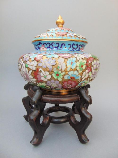 Chinese Champleve Cloisonne Lidded Vase / Urn Early 20th Century