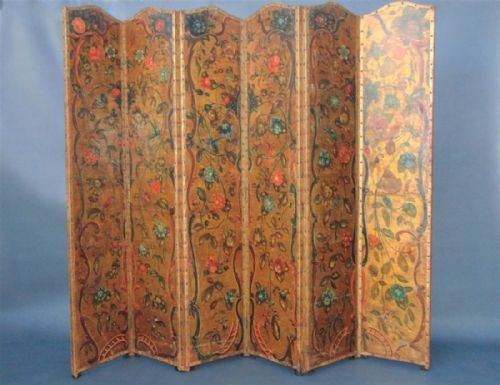 Early 19th Century Hand Painted Leather 6 Panel Screen