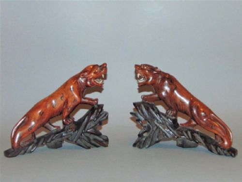 Pair of 19th Century Chinese Carved Hardwood and Bone Tigers