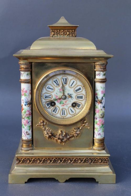 19th Century French Mantle Clock with Porcelain Columns & Dial