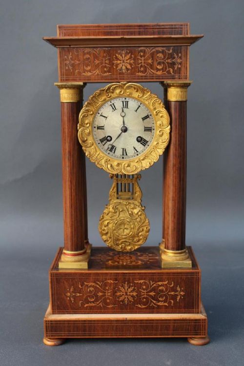 Regency Inlaid Rosewood & Gilt Metal Portico Mantle Clock