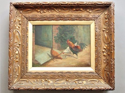 19th C Oil on Canvas James Clark Poultry in Farmyard