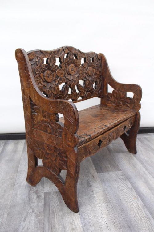 Antique Oriental Style Carved Bench / Settle