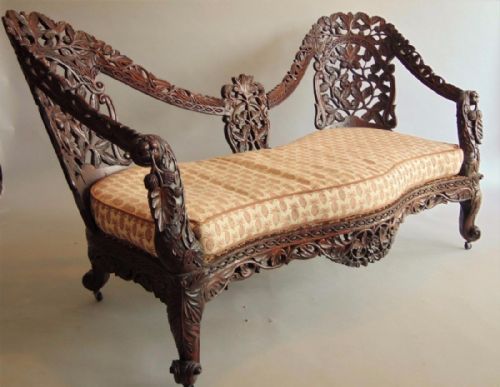 Victorian Anglo Indian Carved Hardwood Settee / Sofa