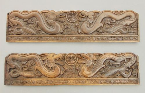 Pair of Antique Chinese Carved Hardwood Panels of Dragons 19th Century