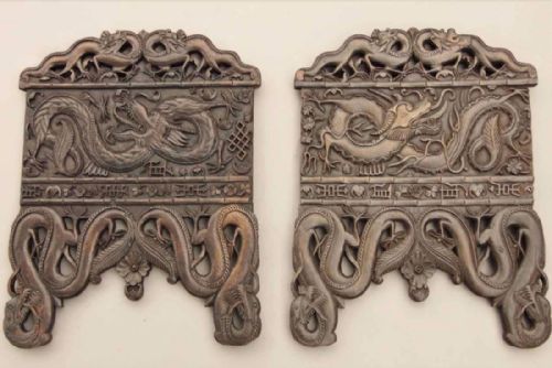 Pair of Chinese Dragon Carved Hardwood Panels 19th Century