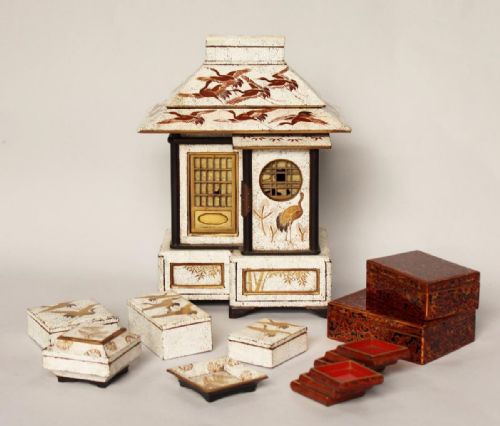 Japanese Meiji Lacquered Miniature Pagoda Cabinet Rare