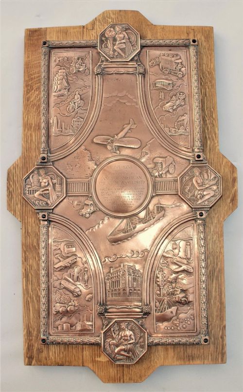 Signed a E Jones Arts and Crafts Copper Plaque Anglo American Oil Company