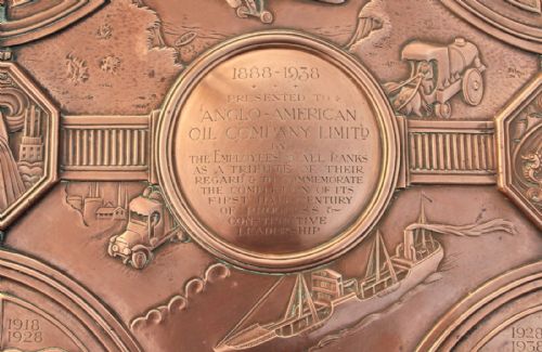 fig 1. Signed A E Jones Arts and Crafts Copper Plaque Anglo American Oil Company