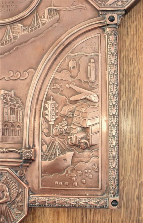fig 3. Signed A E Jones Arts and Crafts Copper Plaque Anglo American Oil Company