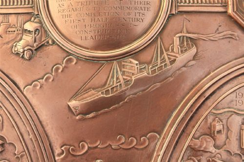 fig 4. Signed A E Jones Arts and Crafts Copper Plaque Anglo American Oil Company
