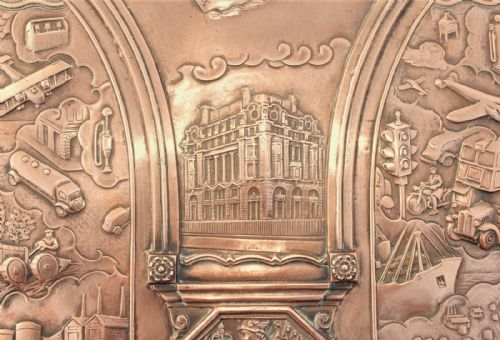 fig 5. Signed A E Jones Arts and Crafts Copper Plaque Anglo American Oil Company