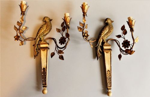Beautiful Pair of Italian Regency Style Parrot Wall Sconces