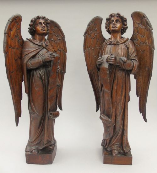 fig 1. Large Pair Carved Oak Angels 19th Century